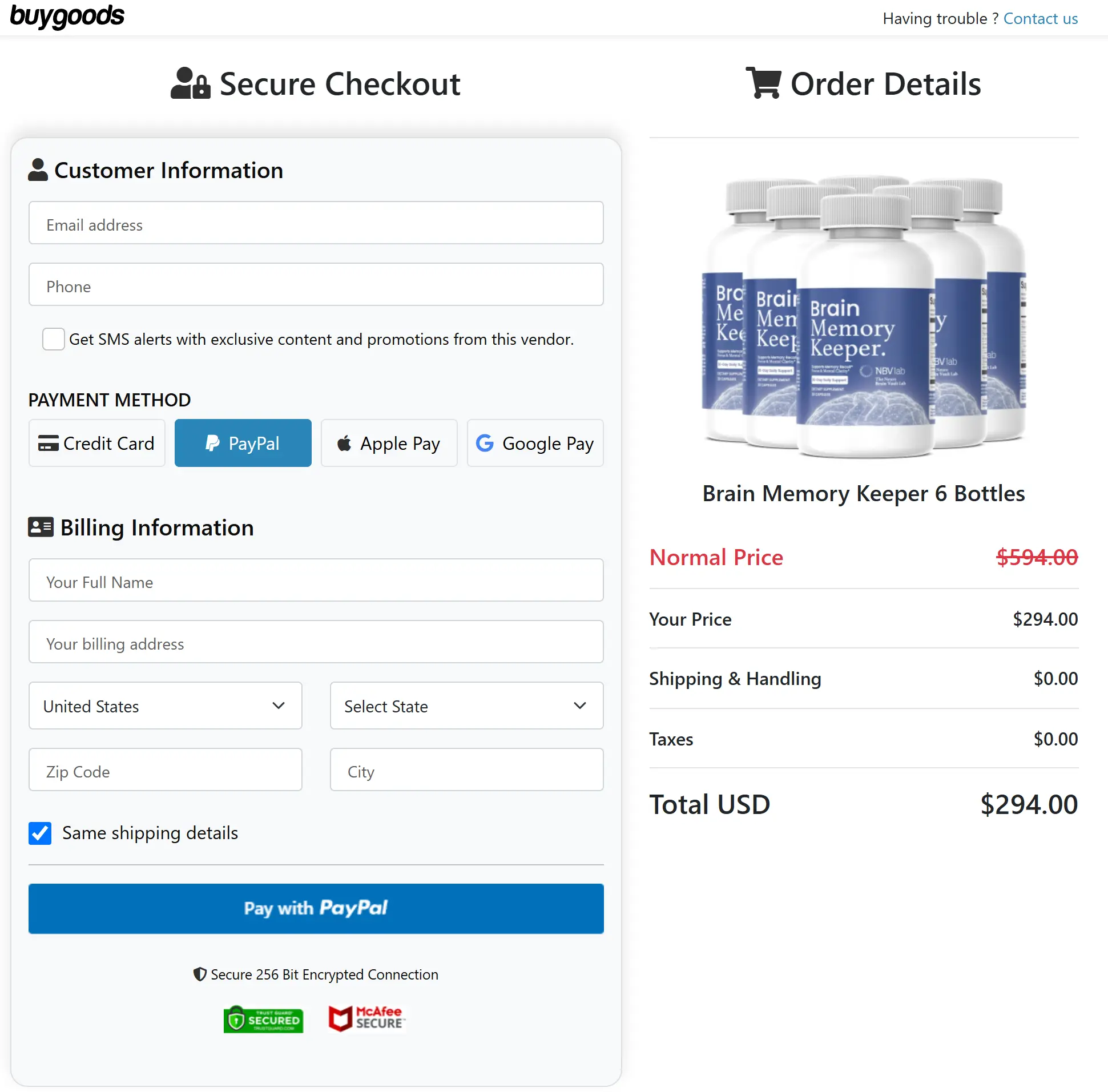 Brain Memory Keeper™ checkout page
